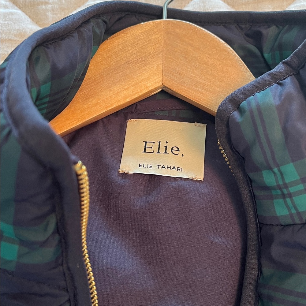 Elie Tahari Black & Green Plaid Quilted Puffer Vest